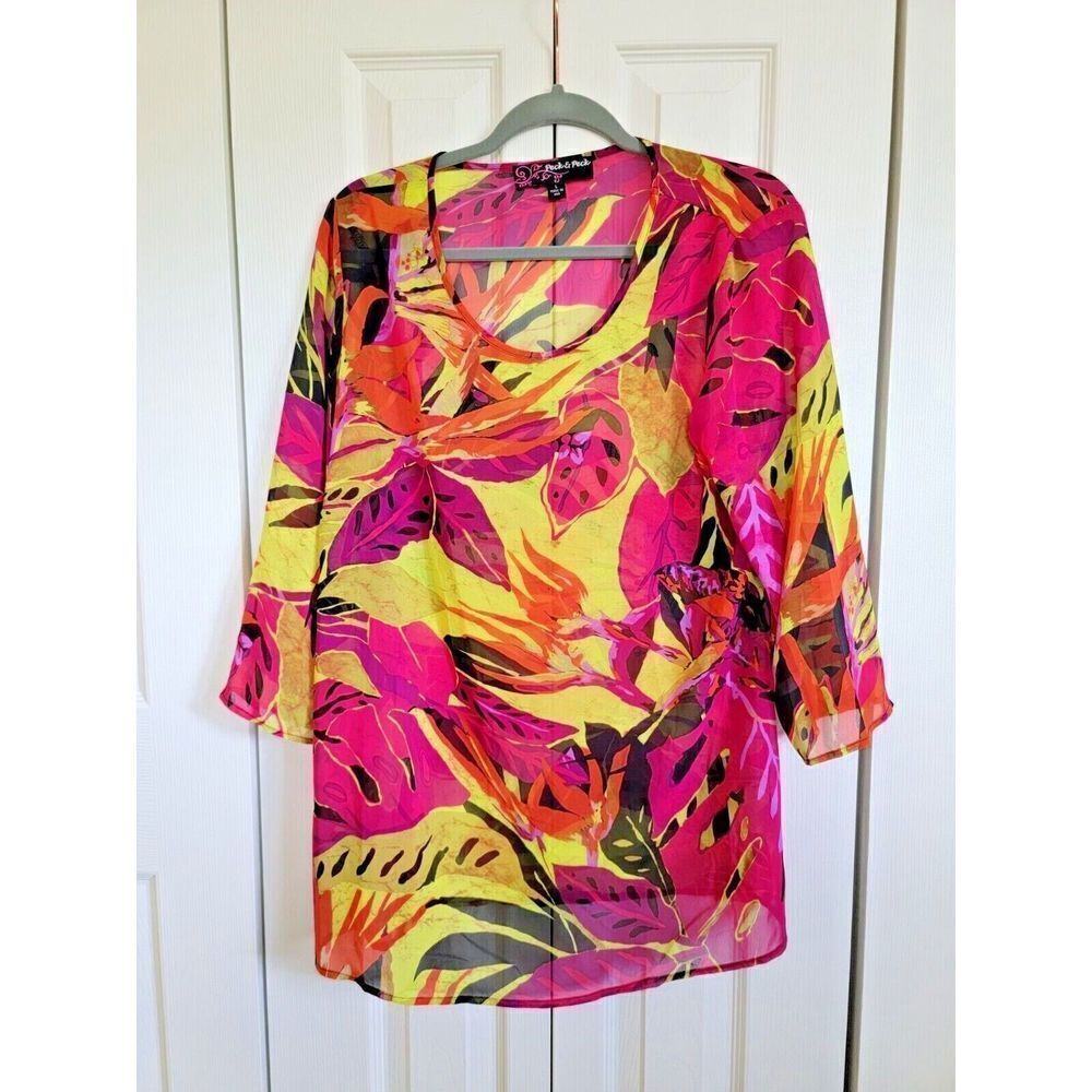 Peck & Peck L Sheer Top Tropical Bright Birds‎ of Paradise Size Large Multicolor